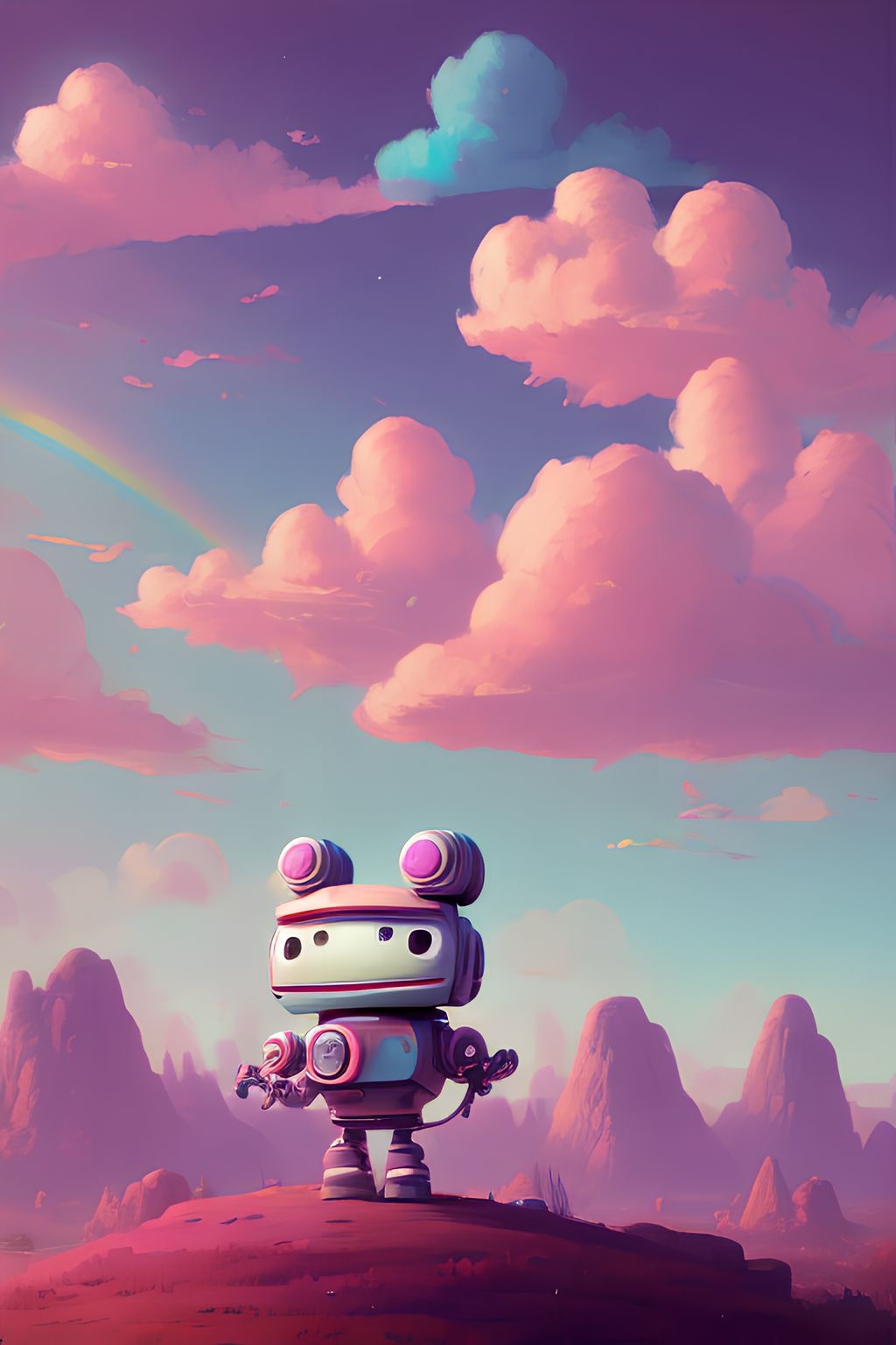 Prompt: highly detailed portrait of a adorable robot with round, expressive eyes and a friendly smile. It has a cheerful, bright color scheme, with a mix of pastel blues, pinks, and purples, standing with its arms crossed holding a toy sword, surrounded by a swirling vortex of energy. The background is a colorful, cartoon-like landscape, with fluffy colorful clouds and a rainbow. The background is a stark, metallic landscape, with a futuristic cityscape visible in the near distance. by atey ghailan, by eduard hopper, by greg tocchini, by james gilleard, popart aesthetic graffiti, 8k