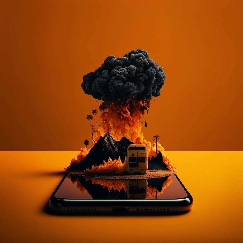 Prompt: a cell phone sitting on top of a table, a picture, trending on pexels, digital art, fire theme, black and orange colour palette, surreal collage, super photo-realistic