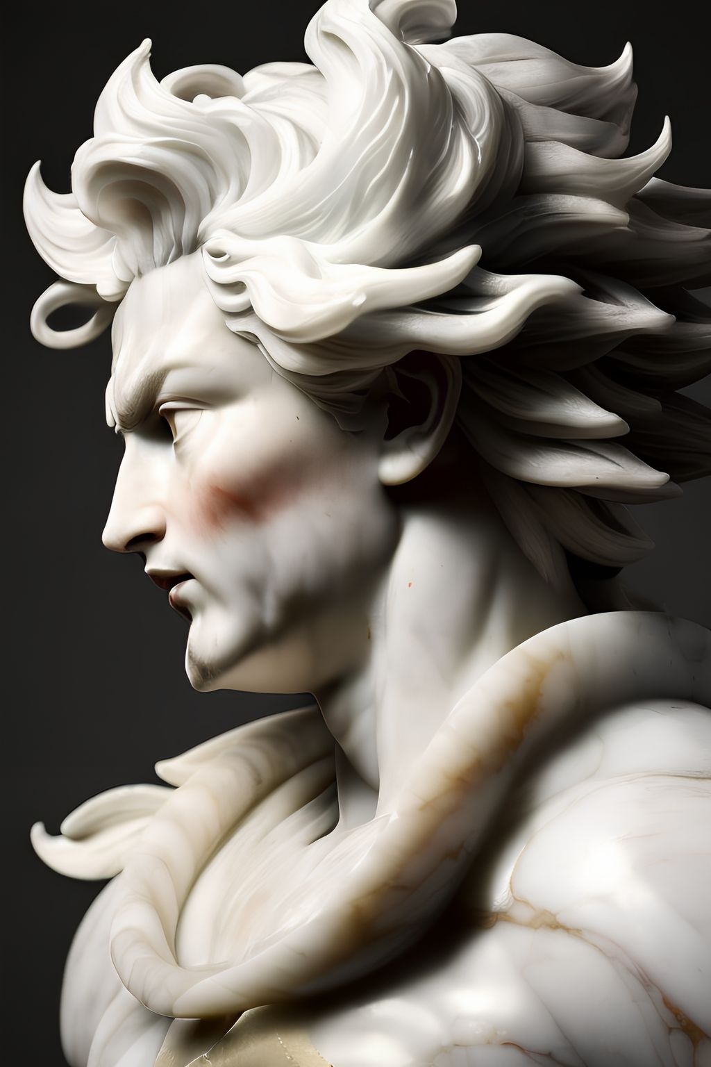 Prompt: A white piece of art that looks like a baroque Goku, a marble sculpture by alberto seveso, trending on cgsociety, art nouveau, rococo, biomorphic, marble sculpture