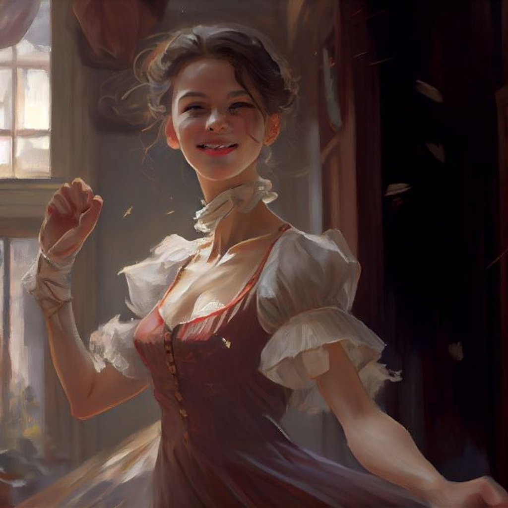 Prompt: (extremely detailed CG unity 8k wallpaper), full shot body photo of the most beautiful girl, wearing old vintage dress, smile, (waving_hand:1.2), nostalgia professional majestic oil painting by Ed Blinkey, Atey Ghailan, Studio Ghibli, by Jeremy Mann, Greg Manchess, Antonio Moro, trending on ArtStation, trending on CGSociety, Intricate, High Detail, Sharp focus, dramatic, photorealistic painting art by midjourney and greg rutkowski