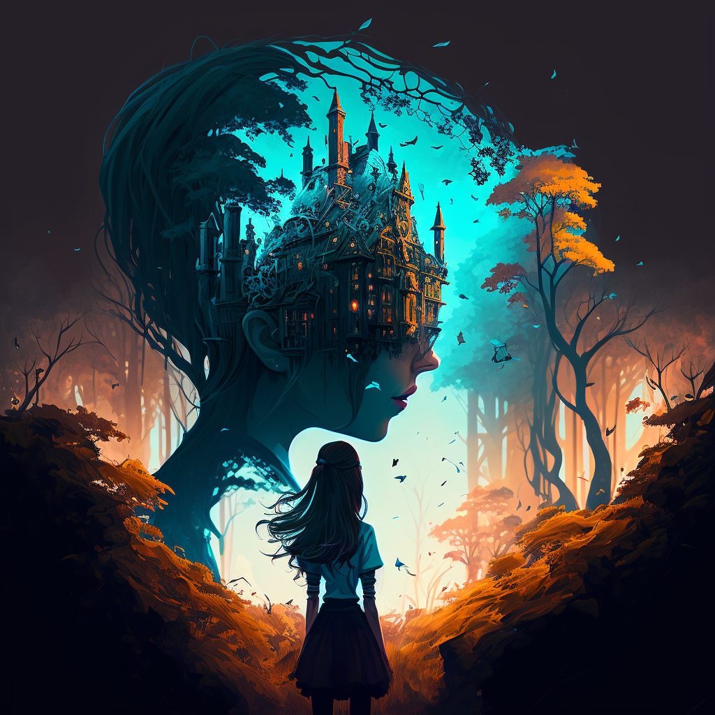 Prompt: a woman standing in front of a castle surrounded by trees, inspired by Cyril Rolando, fantasy art, alice, mobile wallpaper, [[fantasy]], portrait of alice in wonderland