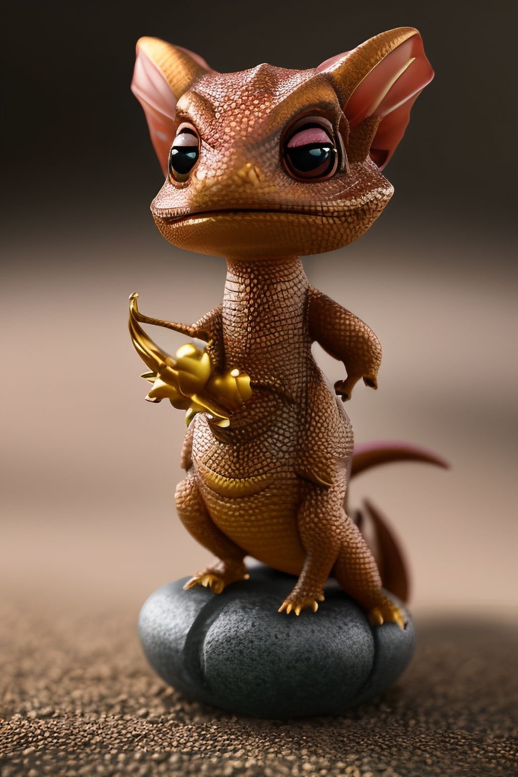 Prompt: Tilt shift shot of a cute chibi figurine dragon living in luxury