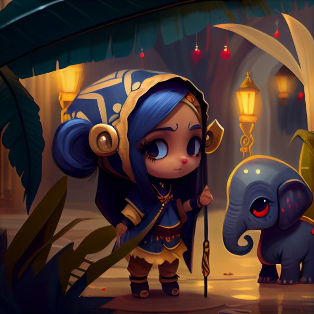 Prompt: charater concept, small sleepy female elf with long pointy ears and big chibi yellow eyes, long dark blue hair split into two pony tails, sleepy expression, looking at the ground yawning, blue and gold egyptian Hoodie + belly dancer dress, holding a bright red umbrella, background + a fancy school in a jungle, studio gibili, unreal engine 5