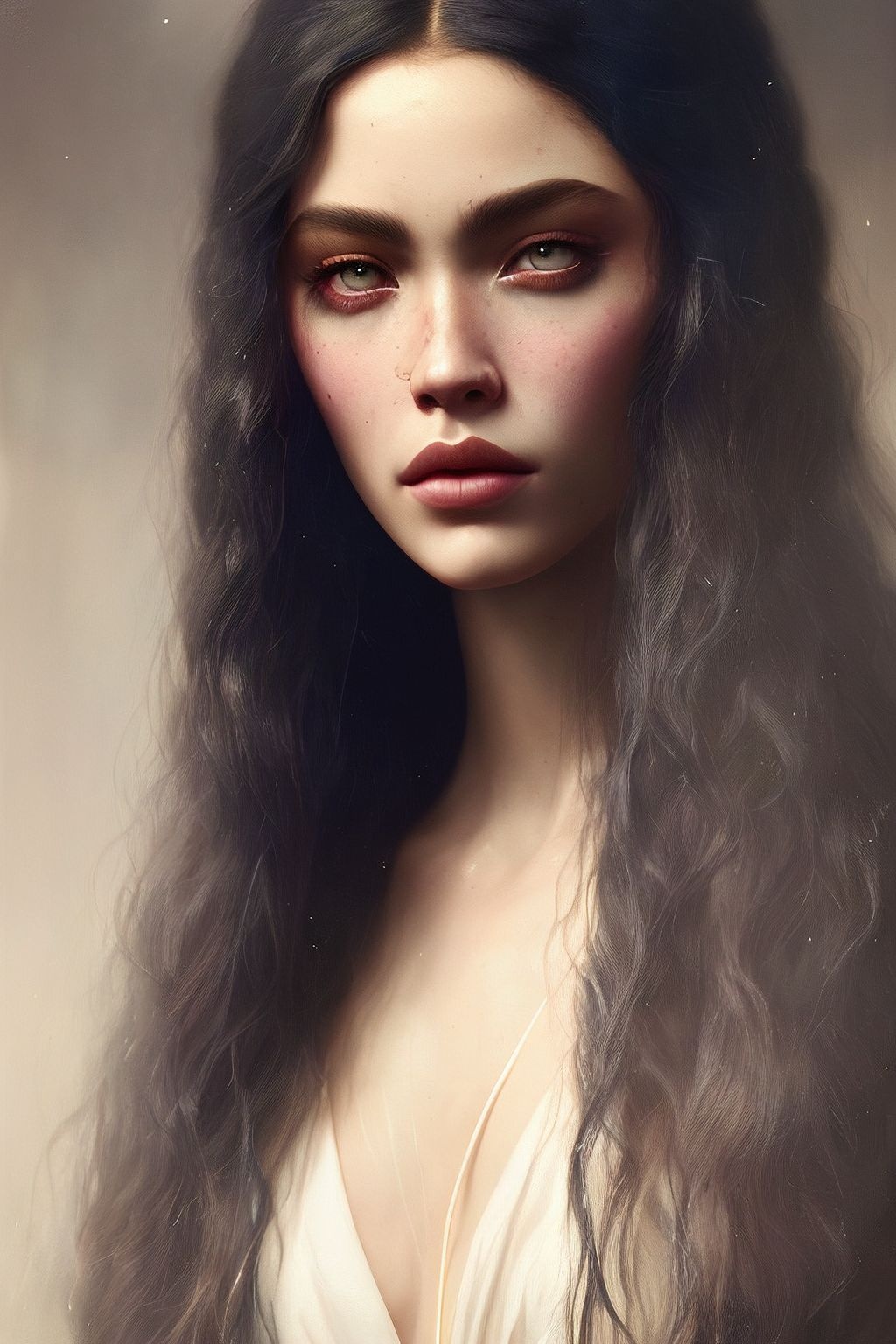 Prompt: face of a model closeup, Madison Beer, headshot, long beautiful flowing ink like hair, smoky makeup, shining eyes, grey-gold-blue eyes, gold flecks, defined eyes, realistic eyes, doe eyes, beautiful perfect symmetrical face, extremely detailed, melancholy expression, painted by Tom Bagshaw and Eve Ventrue and Jeremy Lipking, ultra hd, hdr, 8k, cinematic, dramatic lighting, studio Portrait Lighting, illuminated face, 85mm, volumetric lighting, ray tracing reflections,