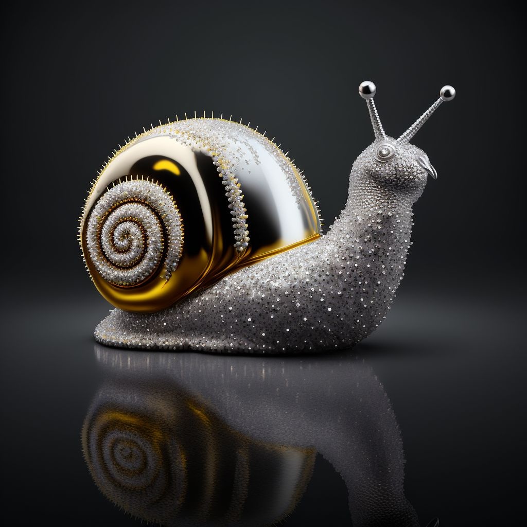 Prompt: luxury sparkling silver snail with golden snail cone