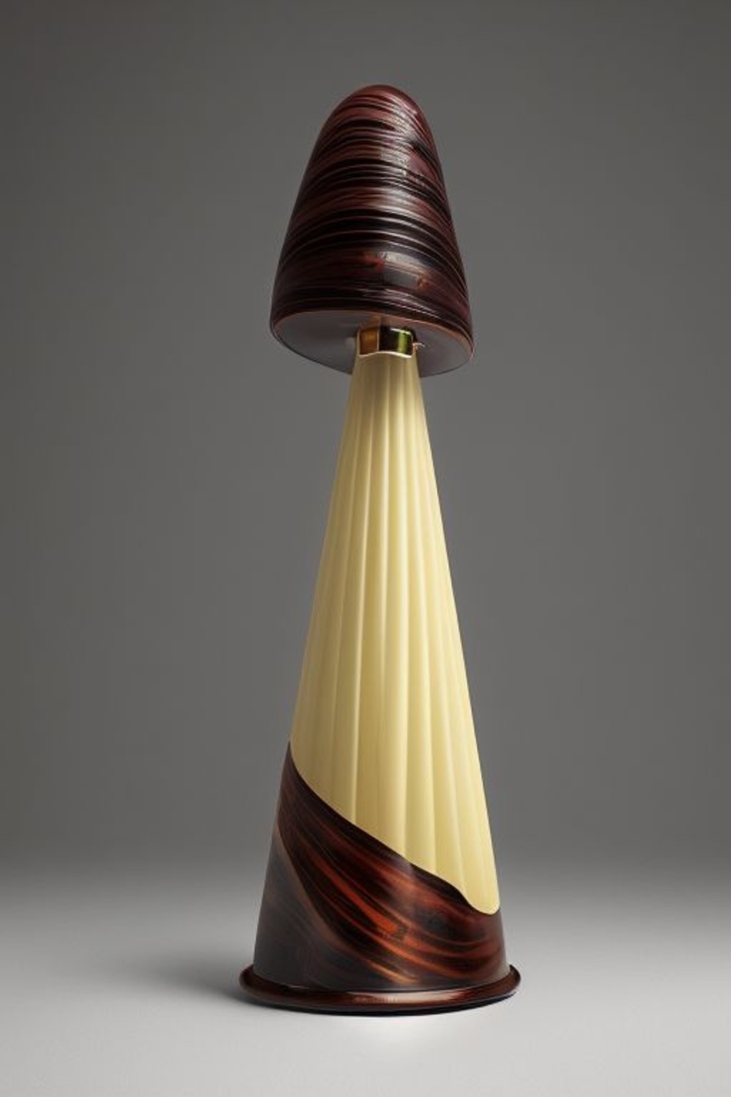 Prompt: luxury loud speakers looking like snail cone made of mahogany tree