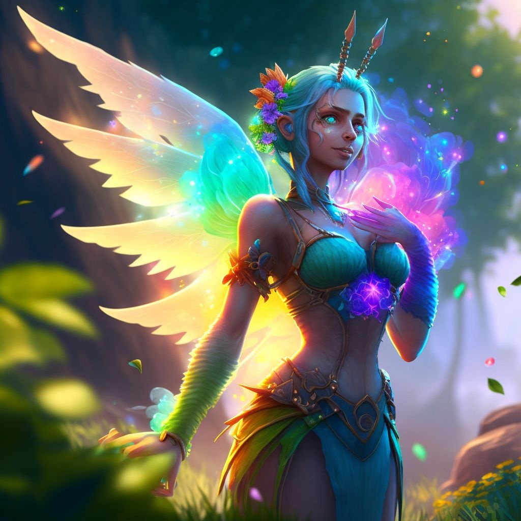 Prompt: rainbow fairy full body, beautifully lit landscape, hearthstone art style, light shattering, unreal engine 5