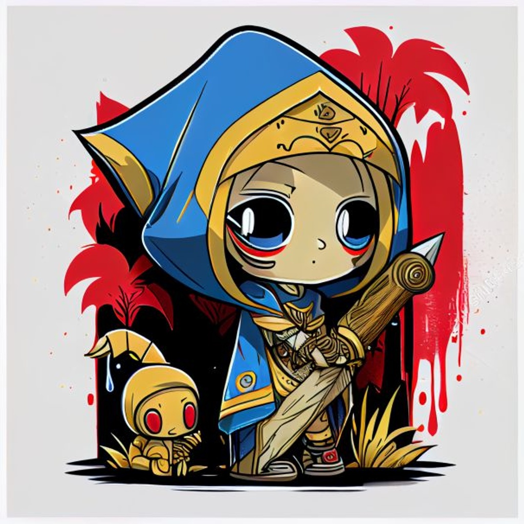 Prompt: charater concept, small sleepy elf with long pointy ears and big chibi yellow eyes, sleepy expression, looking at the ground yawning, blue and gold egyptian Hoodie + belly dancer dress, holding a bright red umbrella, background + a fancy school in a jungle