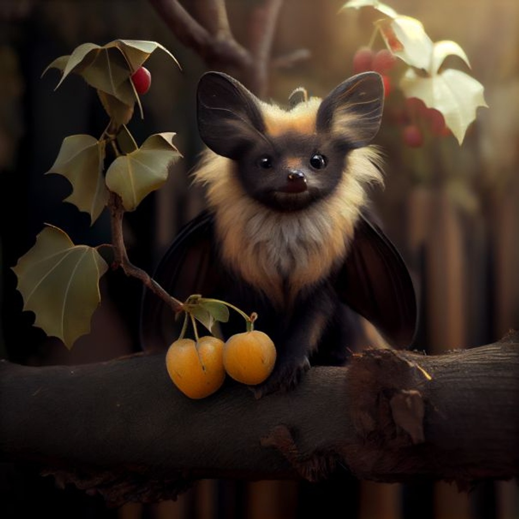 Prompt: super sonic realistic bat, cute photogenic fox bat, fruit trees