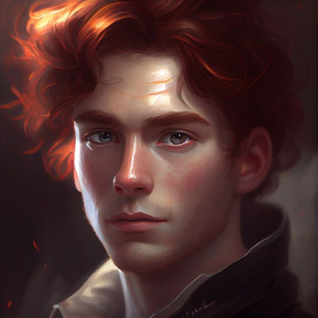 Prompt: Nick Jones, male, portrait, male, short dark red wavy hair, amber eyes, oil painting, flirty, youthful, young, armor, wink, unreal engine light