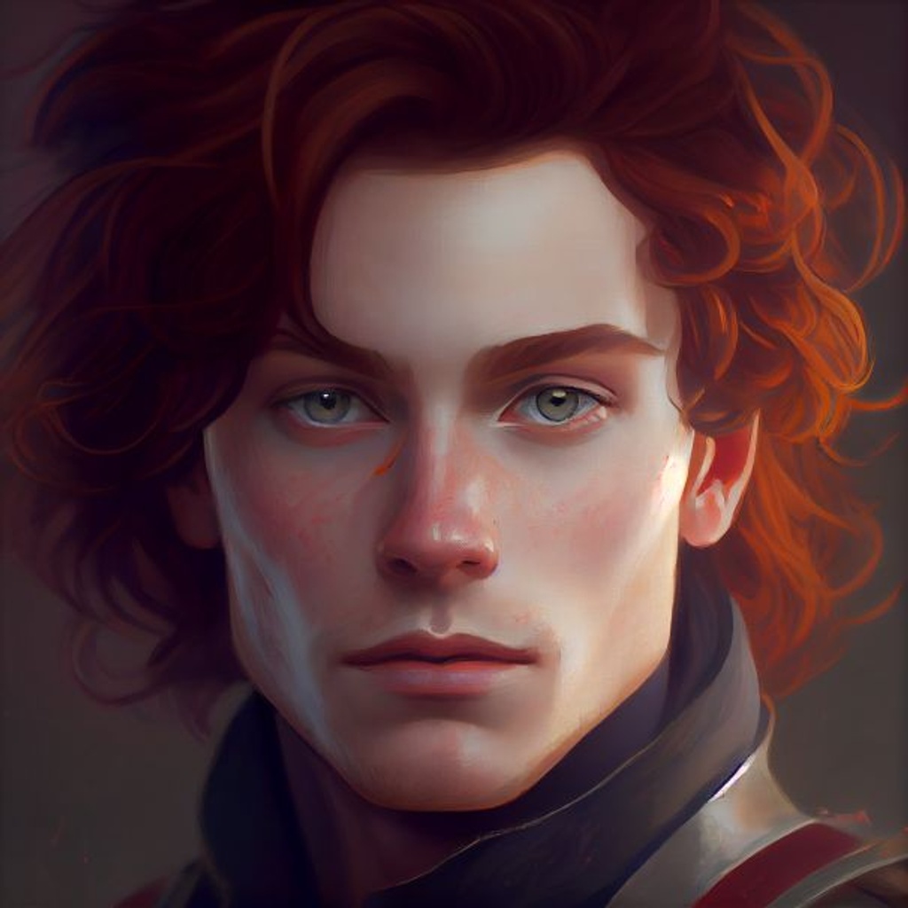 Prompt: Nick Jones, male, portrait, male, short dark red wavy hair, amber eyes, oil painting, flirty, youthful, young, armor, wink, unreal engine light