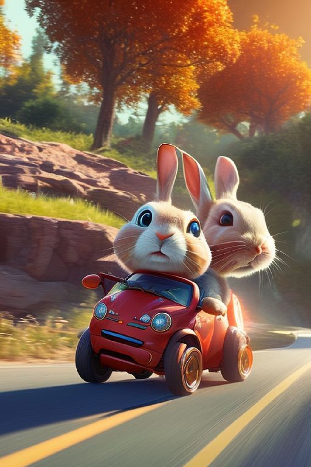 Prompt: <(little rabbit driving a car) extremely fast, unreal engine, fast movement, screaming, googly eyes, funny, (hypervelocity)> pixar style, moody lighting