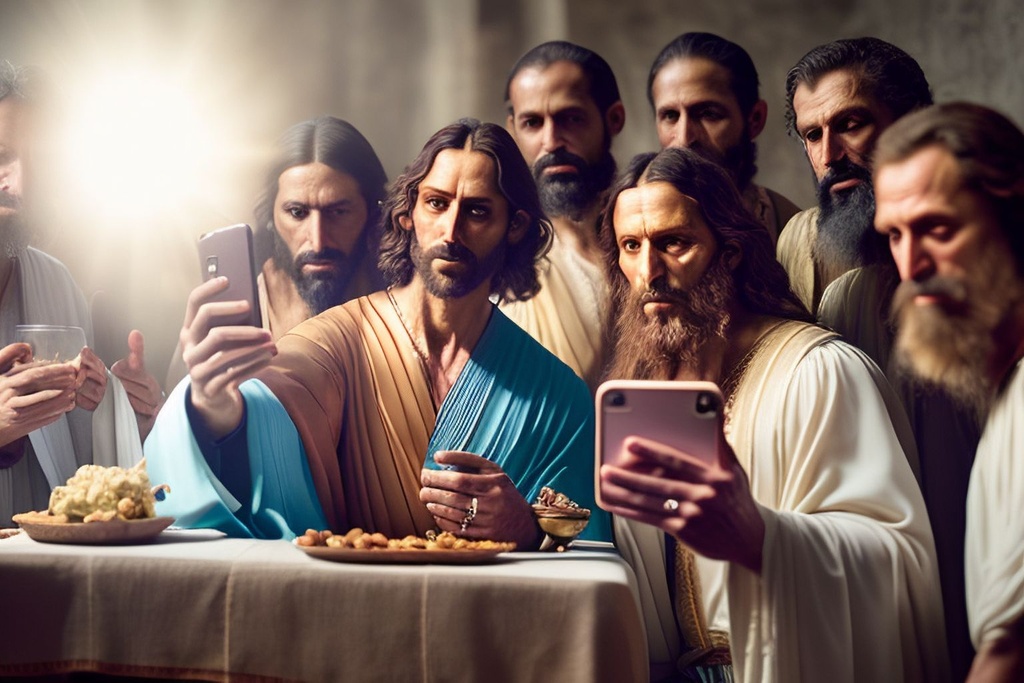 Prompt: year 33, Jesus (((Surprised))) with the apostles takes a (((selfie))) during the last supper, by Leonardo da Vinci (photo, studio lighting, hard light, sony a7, 50 mm, hyperrealistic, big depth of field, concept art, colors, hyperdetailed, hyperrealistic)