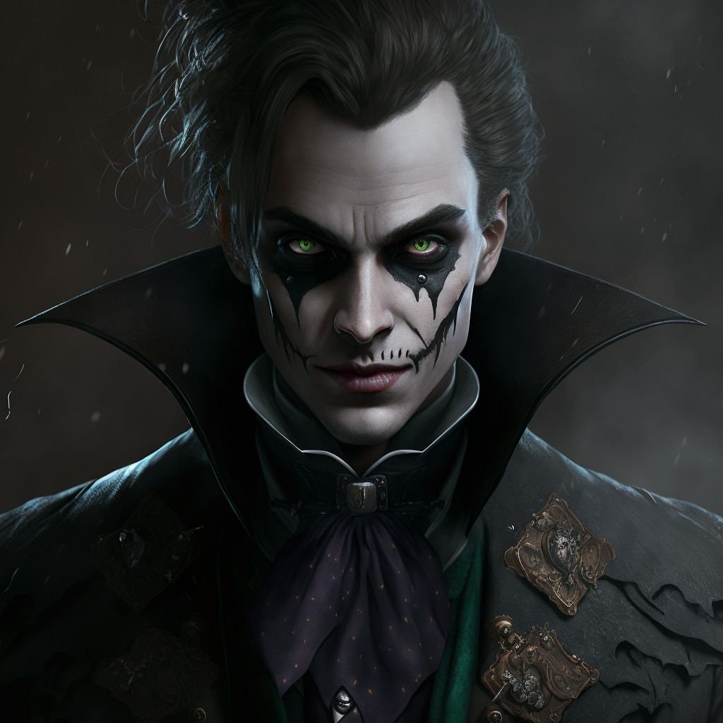 Prompt: a close up of a person wearing a costume, a character portrait, by Darek Zabrocki, gothic art, anomander rake, haunted gothic hotel, gothic epic library concept, jigsaw, victorian vampire, johnny depp as the joker, kerem beyit, black metal rococo, album, male necromancer, frederic edwin, digital render, gothic wearing