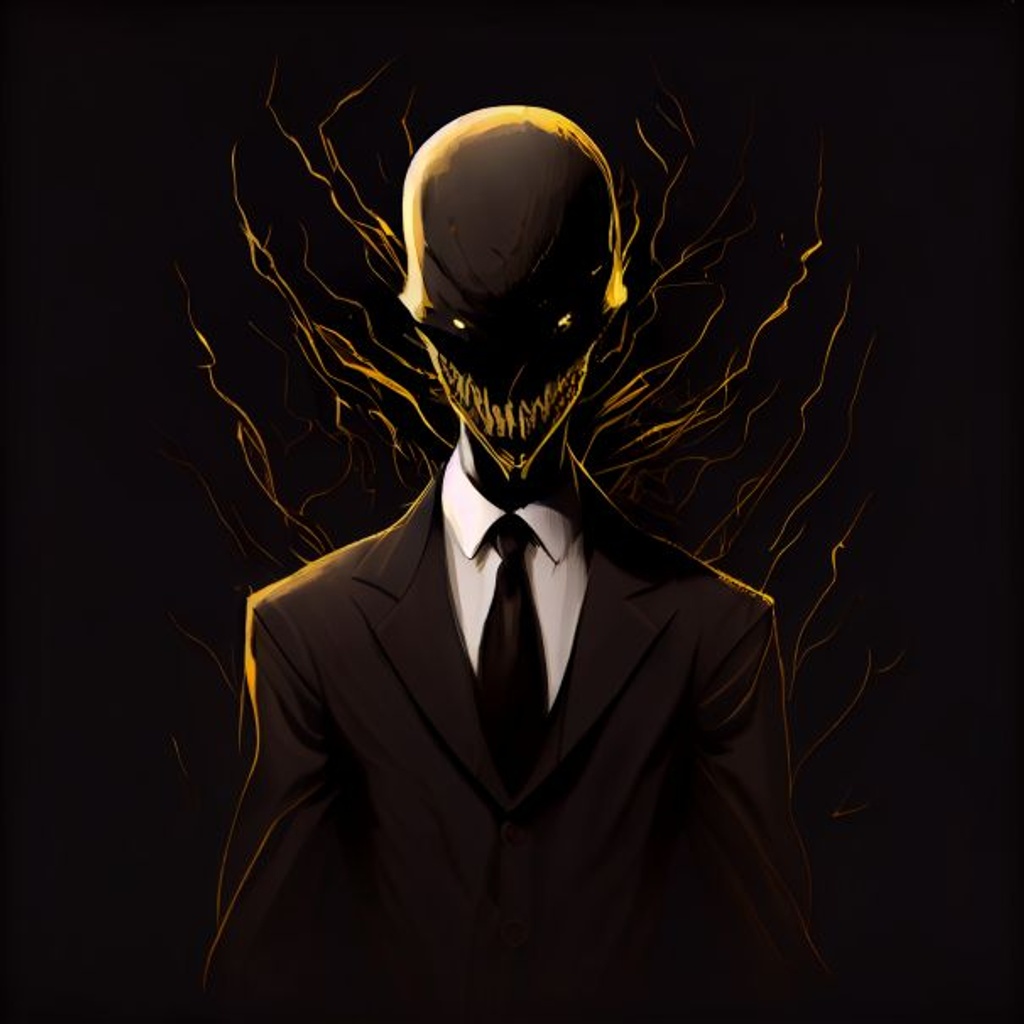 Prompt: male, slenderman, golden glowing eyes, wink, melting mouth, huge teeth, black suit