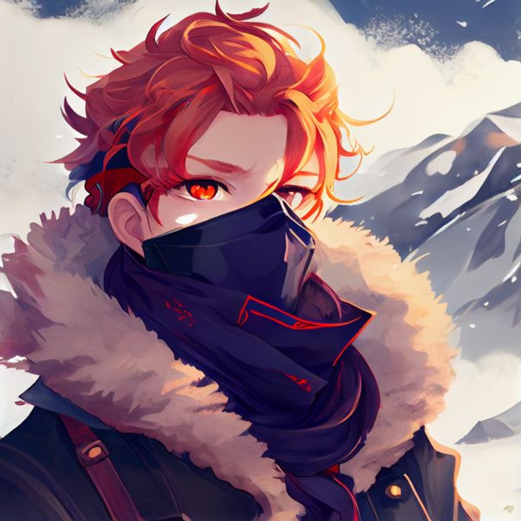 Prompt: man, light orange hair, blue eyes, flirty, crazy, half smirk, holding red ballroom mask, single red earring, heavy black winter coat with black fur trim, red scarf, black gloves, tartaglia (genshin impact), blood on face, blood on clothing, snowing, deep snow, mountians, dramatic angle,