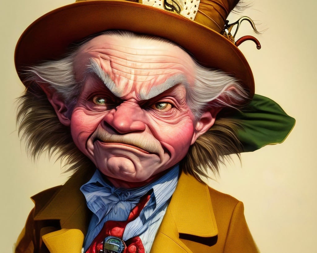 Prompt: Steampunk Mad Hatter, art by Alex Ross and Brian Bolland and Dr. Seuss and John Tenniel and George Cruikshank and Maurice Sendak and Neal Adams, highest quality, ultra sharp, highly detailed, character portrait, trending on artforum, behance hd, artstation hq