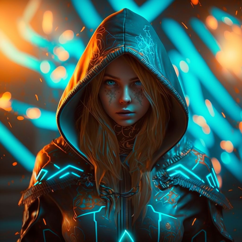 Prompt: cyberpunk kristina pimenova with hoodie full body, with glowing runes on the body, glowing lights in armor, trending on deviantarthq, orange and cyan lighting, light shattering, unreal engine 5