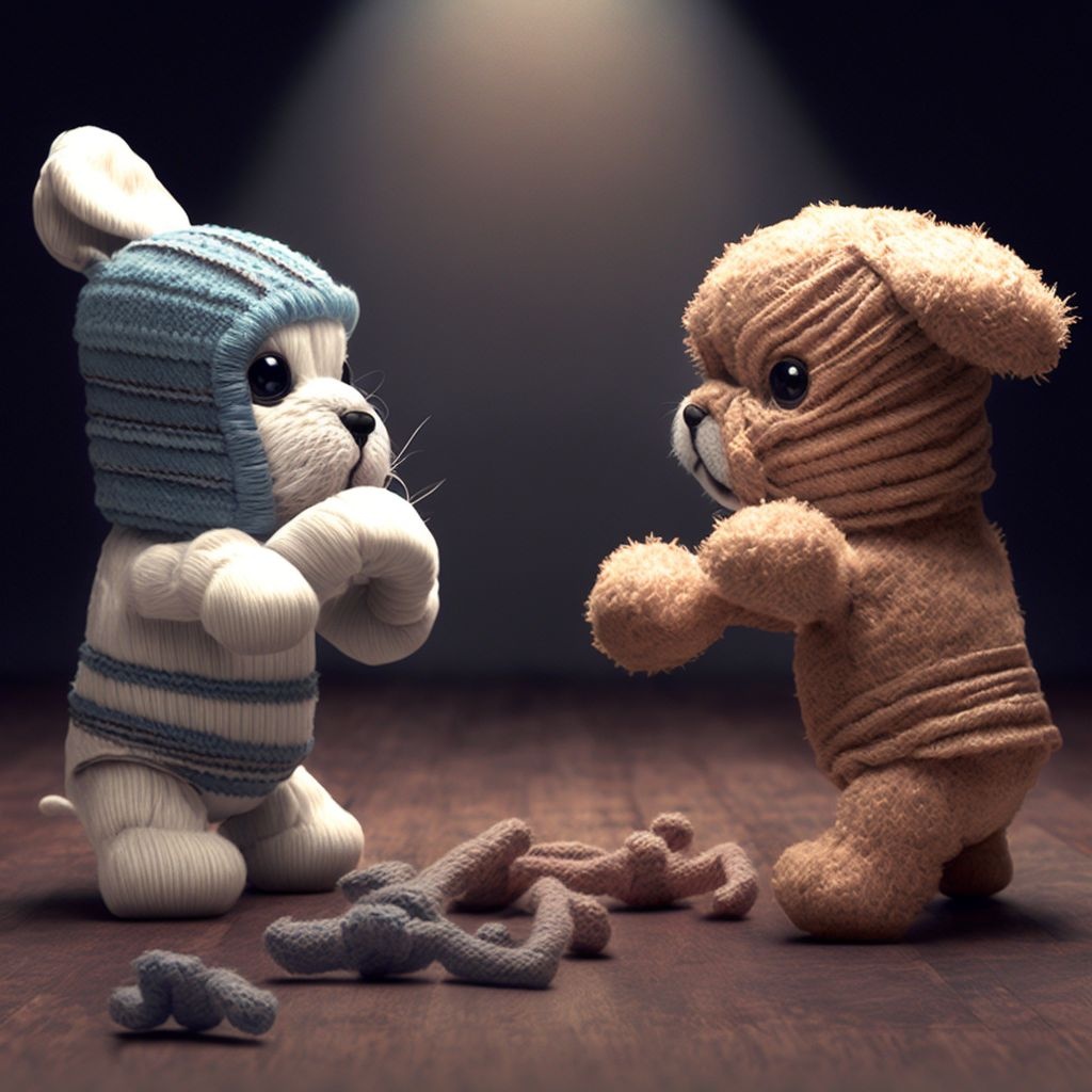Prompt: sock puppy fight battle, final showdown