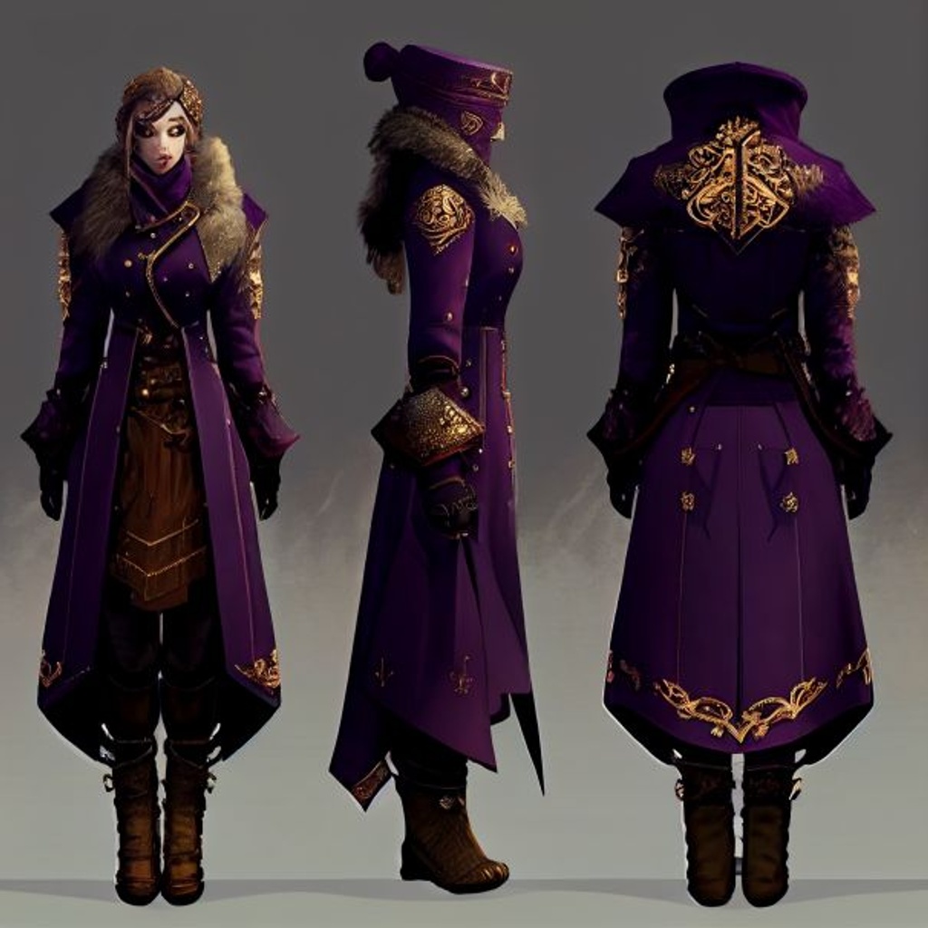 Prompt: clothing concept, full body mannequin, Long purple winter coat with golden detailed russian designs + military + kimono + golden armor, black fur trim on the arms and neck, knee high black boots with thick black buckles and chains, loner, rebel, feminine, female attire, winter gear, cold protection, red and gold jewelery, realistic