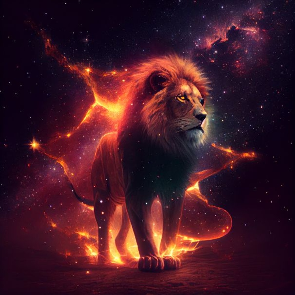 Prompt: lion in the fire walking on a star and the galaxy behind him