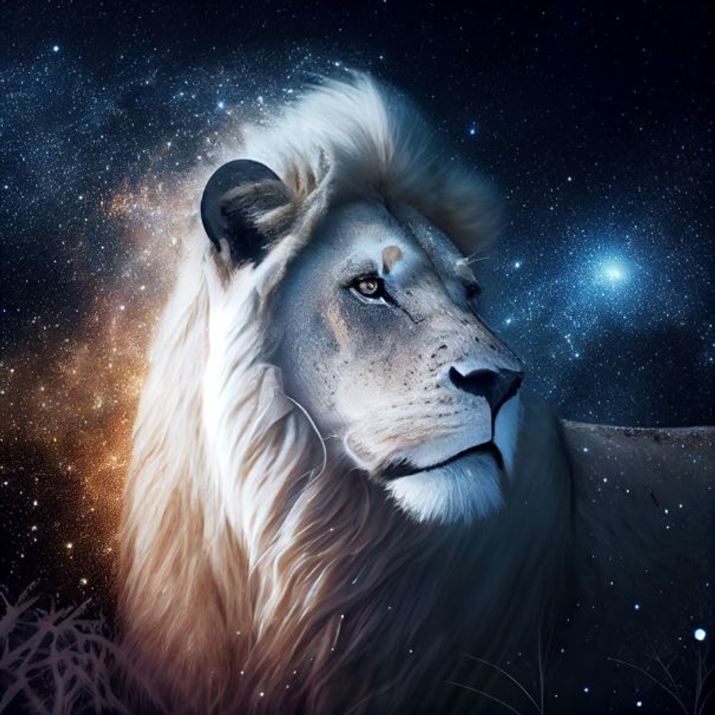 Prompt: white lion made of stars in the galaxy of shooting stars