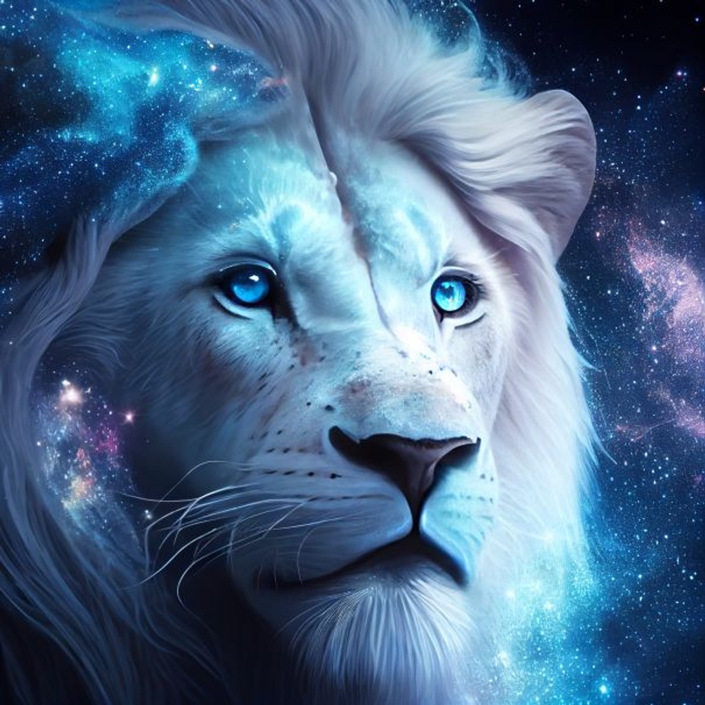 Prompt: white lion made of stars in the galaxy of shooting stars, ice blue eyes, glowing blue eyes, eye shine