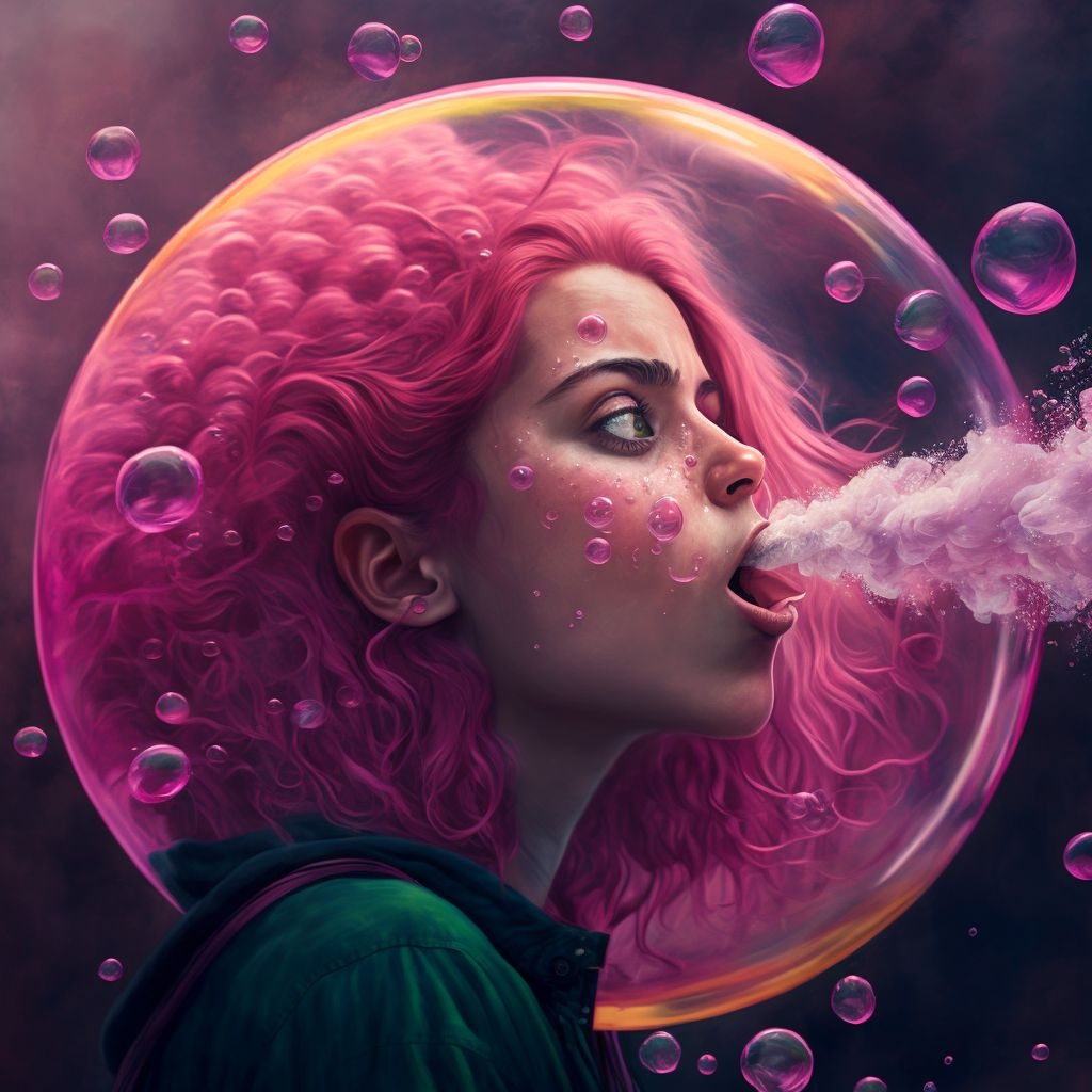 Prompt: a woman with pink hair blowing a bubble, a photorealistic painting, inspired by Darek Zabrocki, tumblr, lollipop, 4k highly detailed digital art, fabulous illustrations, bubble, soap bubble, pink iconic character, daniel lezama painting style, lowres, wonderful, illutstration