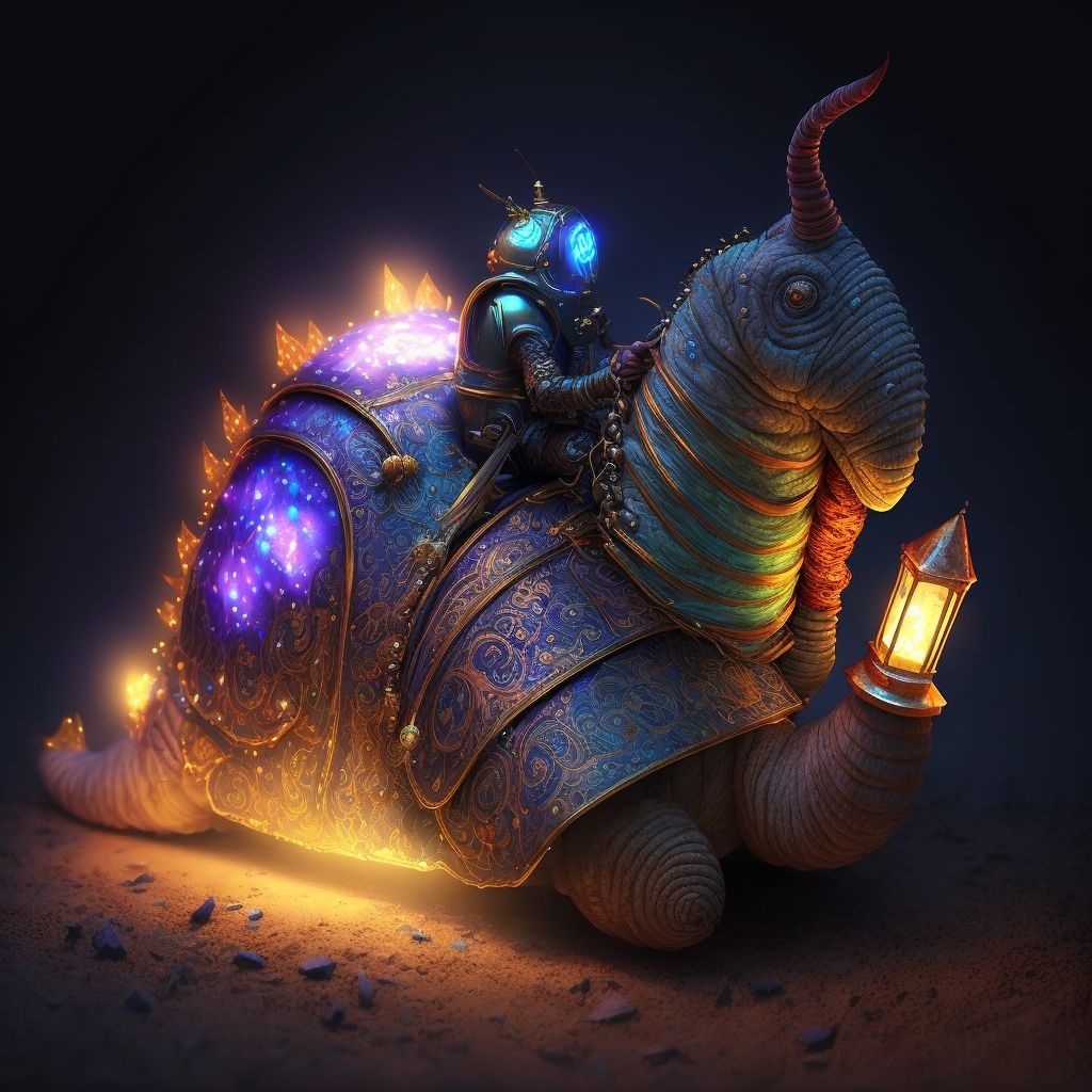 Prompt: night elf riding a glowing armored snail, fantasy, love of warcraft, light shattering, unreal engine 5