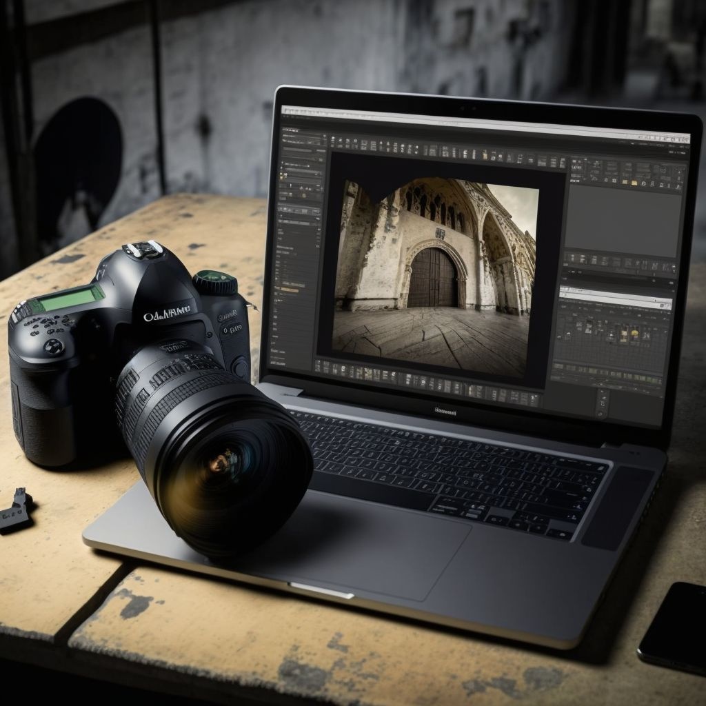 Prompt: all the latest camera tech and laptop with top notch image editor running