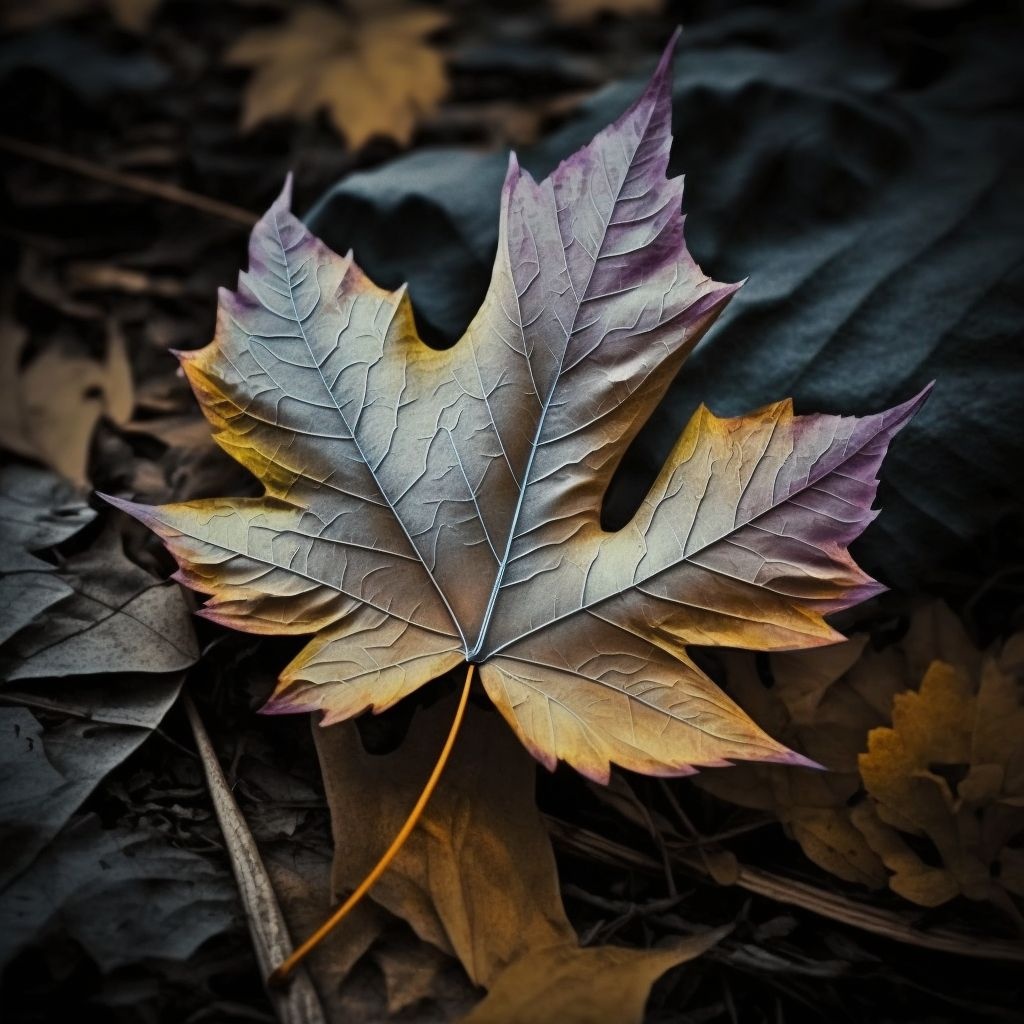 Prompt: macro shot of a silver tinted maple leaf on the bottom of the forest in autuum