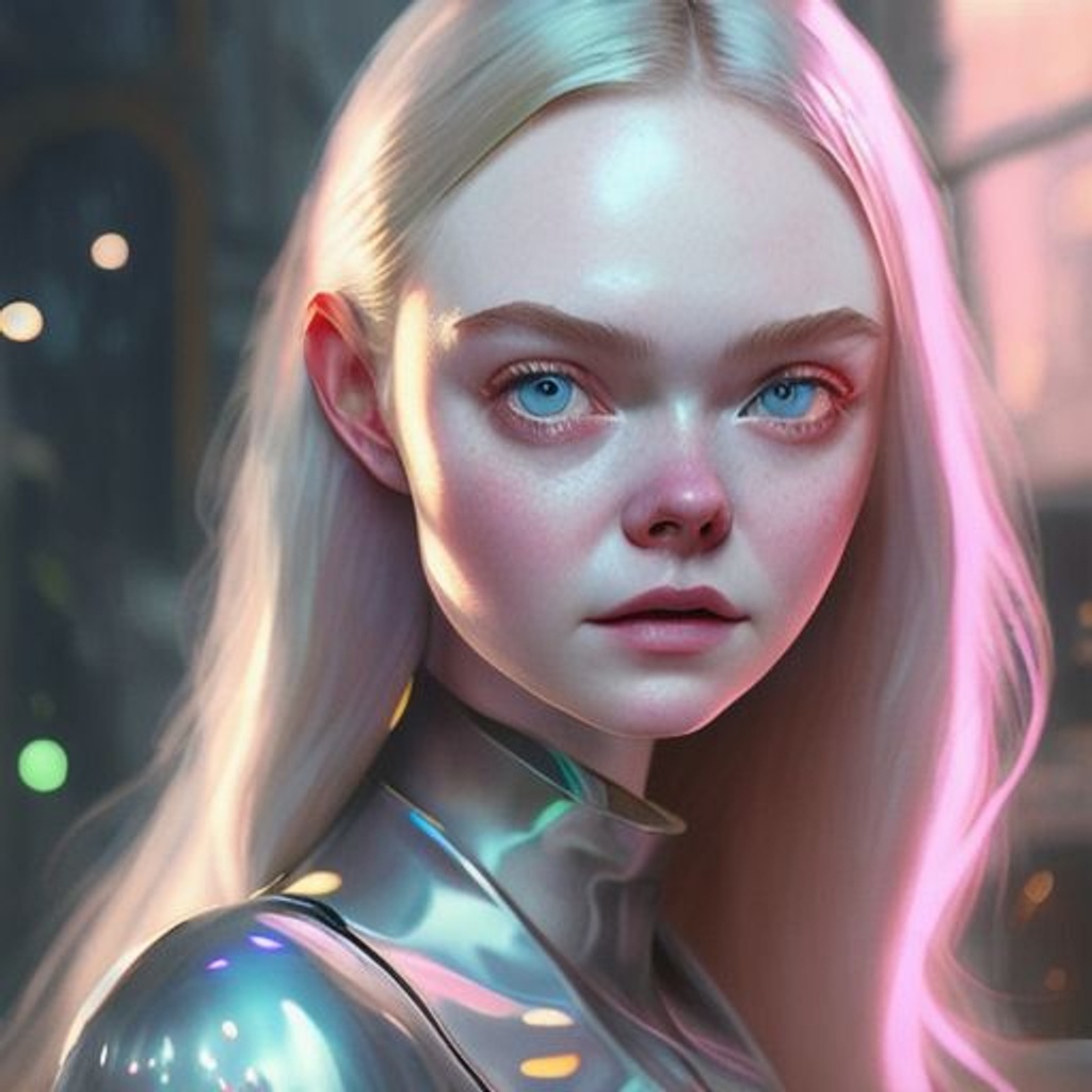 Prompt: pixar movie still portrait photo of Elle Fanning, by greg rutkowski, wlop, rossdraws, artgerm, weta, marvel, rave girl, leeloo, unreal engine, glossy skin, pearlescent, wet, bright morning, anime, sci - fi, maxim magazine cover