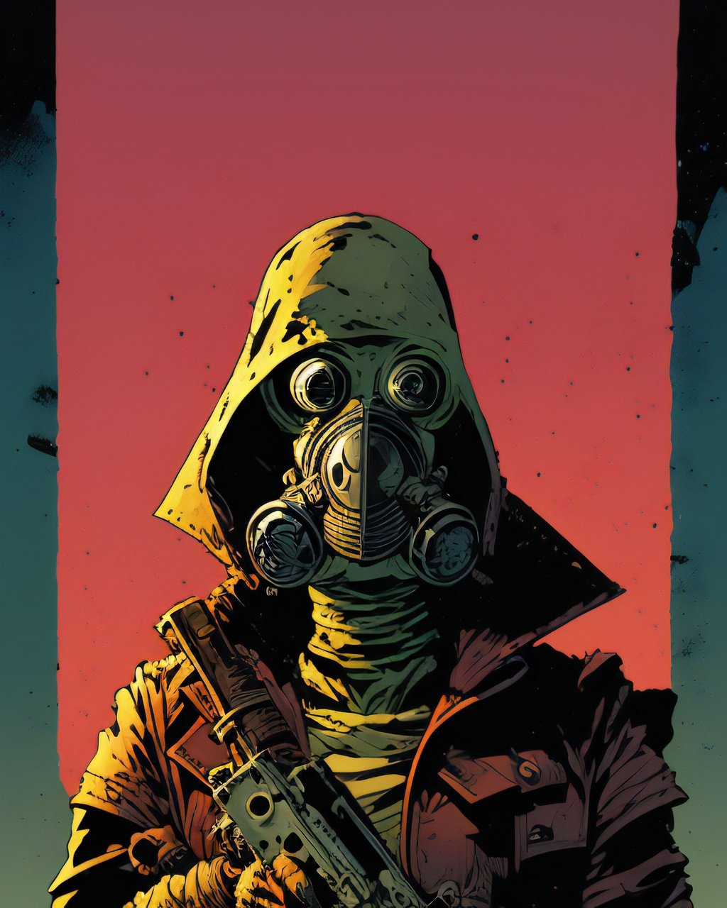 Prompt: sks, woman wasteland scavenger, gas mask, bandolier, holding a rifle in both hands, ultra sharp, by Francesco Francavilla and Frank Miller and Becky Cloonan and Mike Allred and Mike Mignola and Neal Adams, and Bernie Wrightson and Richard Corben, trending on artform, artstation hq, behance hd