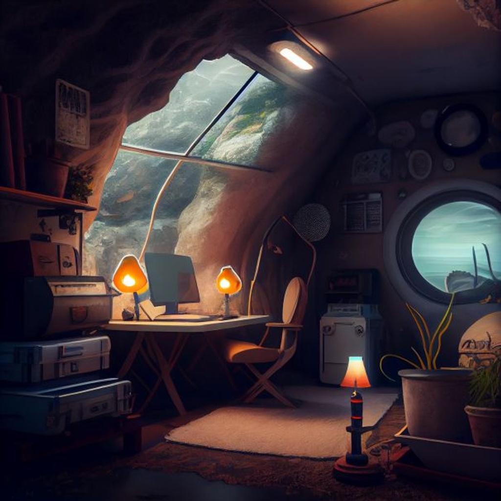 Prompt: interior design, intricate, 1950's style + modern 2020 technology, inside a rocky cave deep under ground, windows made of fish tanks, cozy, homey, old missle bunker