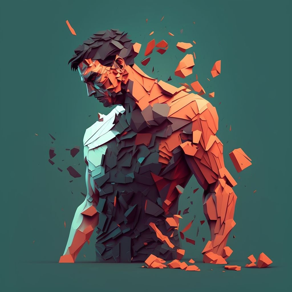 Prompt: a man that is standing in front of a broken wall, inspired by Mike Winkelmann, digital art, martin ansin, voxel, akira style illustration, shattered abstractions, baki style, dynamic angled shot, low polygons illustration, pixel style