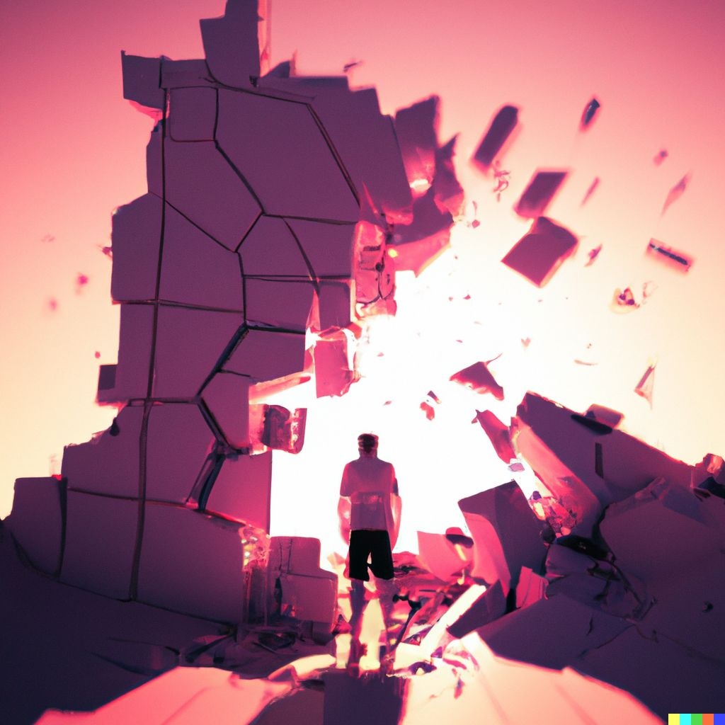 Prompt: a man that is standing in front of a broken wall, inspired by Mike Winkelmann, digital art, martin ansin, voxel, akira style illustration, shattered abstractions, baki style, dynamic angled shot, low polygons illustration, pixel style