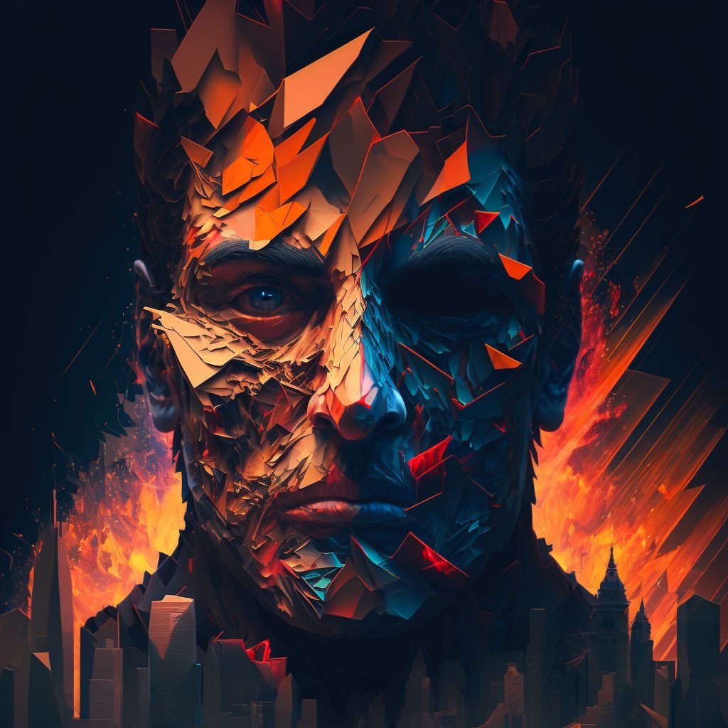 Prompt: a close up of a person with a broken face, by Aleksander Kobzdej, digital art, dan mumford and albert bierstadt, low poly vector illustration, destroying buildings, full color illustration, the terminator, symmetrical face illustration, 8k illustration, flat illustration