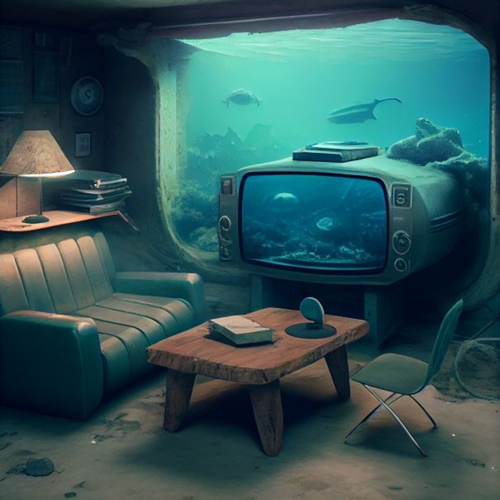 Prompt: completely submerged underground bunker. Modern technology, 1950 furniture and astectics