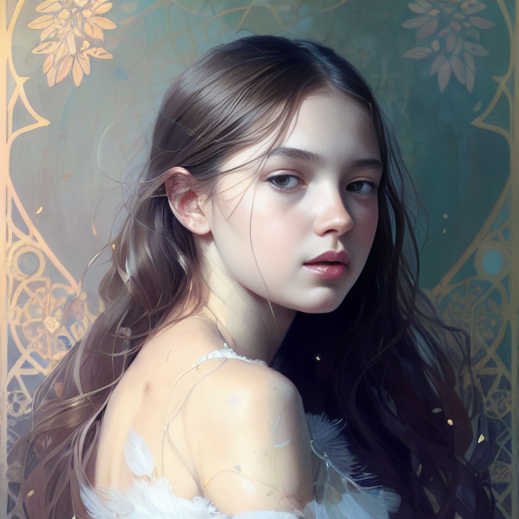 Prompt: A portrait of a girl surrounded by delicate feathers, face, intricate, elegant, highly detailed, digital painting, artstation, concept art, smooth, sharp focus, illustration, art by Krenz Cushart and Artem Demura and alphonse mucha