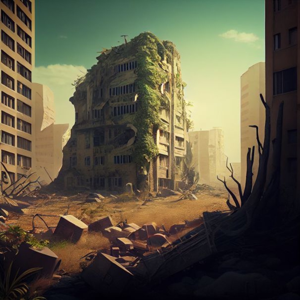 Prompt: dystopian city with overgrowth, old smashed buildings, rubble, end of the world, Wild flora and fauna