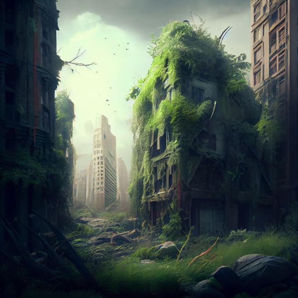 Prompt: dystopian city with overgrowth, old smashed buildings, rubble, end of the world, Wild flora and fauna