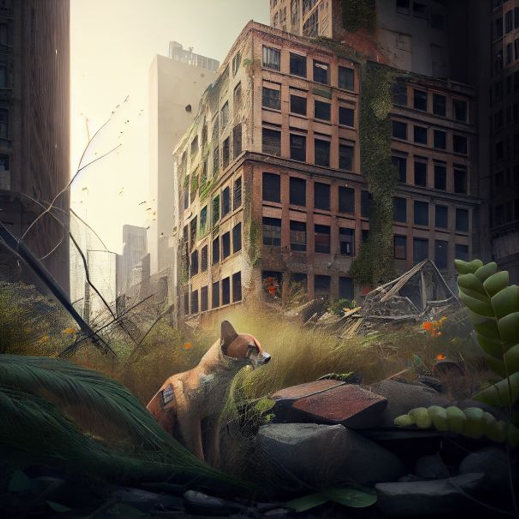 Prompt: end of the world, dystopian city with overgrowth of flora and fauna, NYC, rubble