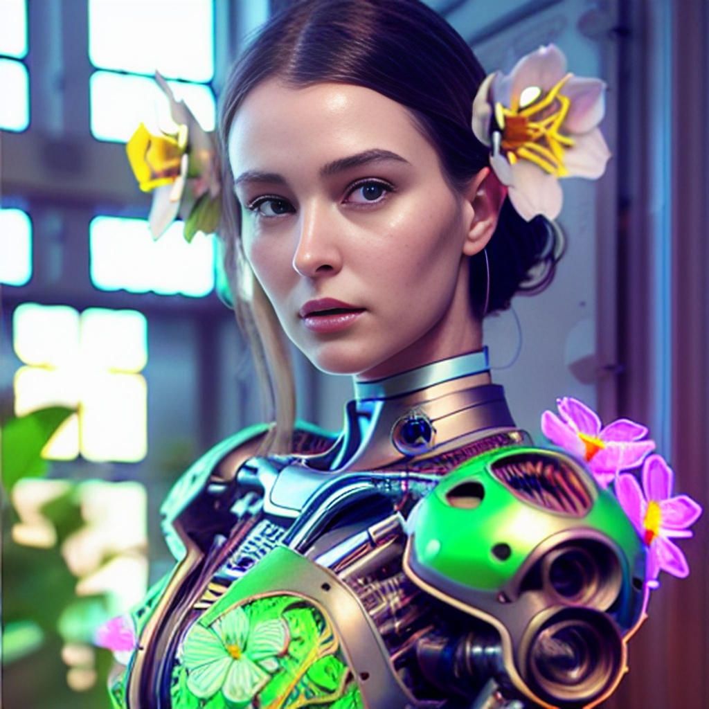 Prompt: photo realistic professional portrait of Beautiful female mechanical android!, half portrait, neon flowers, intricate detailed environment, photorealistic!, floro details, intricate, elegant, highly detailed,  artstation, concept art, smooth, sharp focus,  art by artgerm and greg rutkowski and alphonse mucha