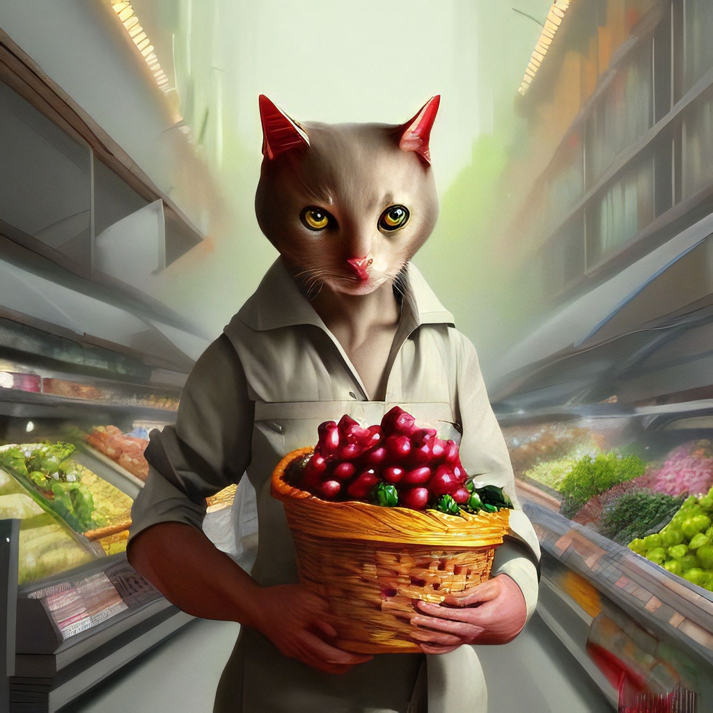 Prompt: highest quality, digital painting of a super market grocery shopping elegant but deadly anthropomorphic cats, hyperrealism, ultra sharp, smooth, sharp focus, highly detailed, cinematic concept art, magic the gathering concept art, trending on artforum, artstation hq, behance hd, on display in Musee D'Orsay