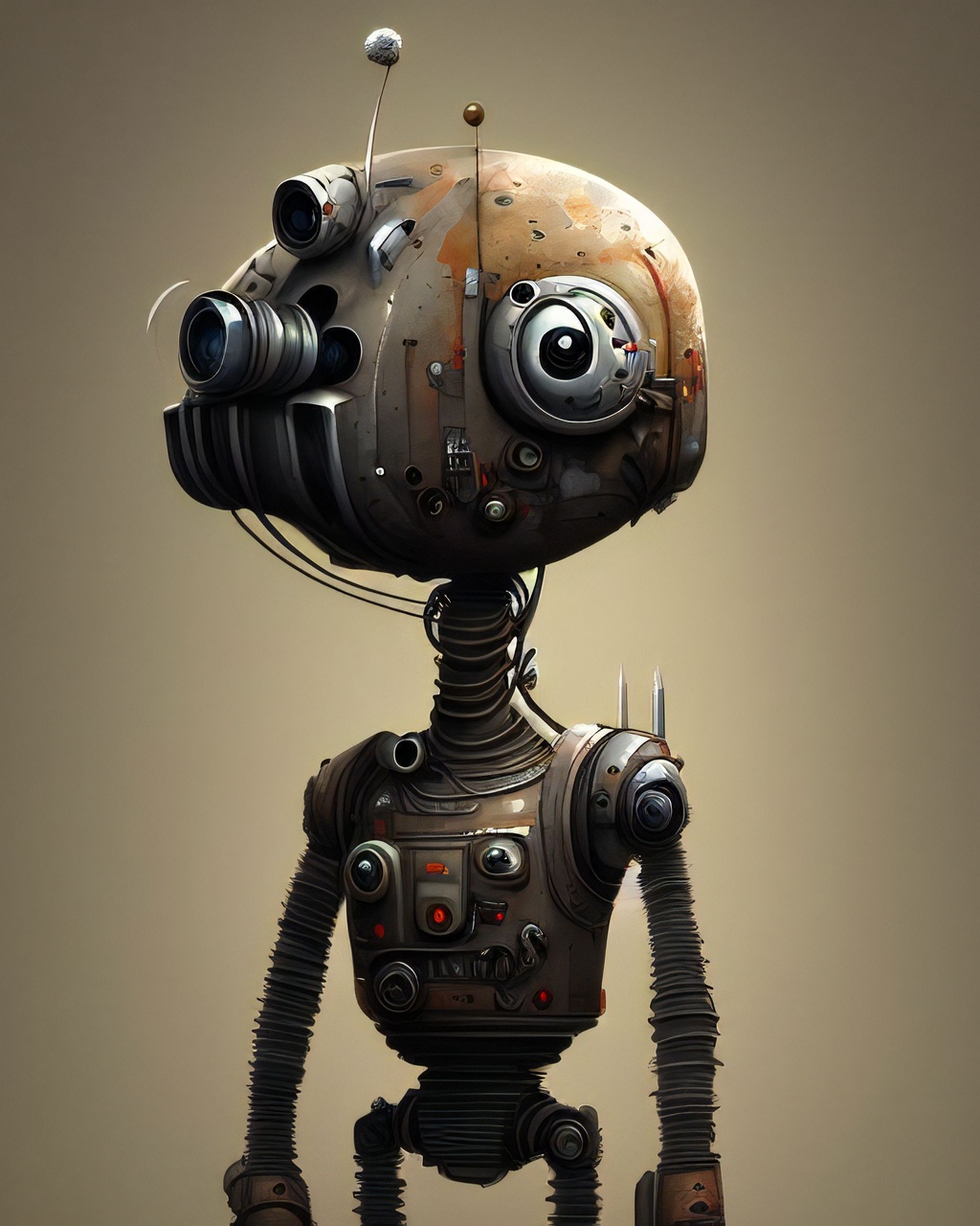 Prompt: mknrm robot made from car parts, highest quality, ultra sharp, in the style of Machinarium, smooth, sharp focus, highly detailed, trending on artforum, artstation hq, behance hd, on display in Musee D'Orsay, on display in The Metropolitan Museum of Art, on display in MoMA