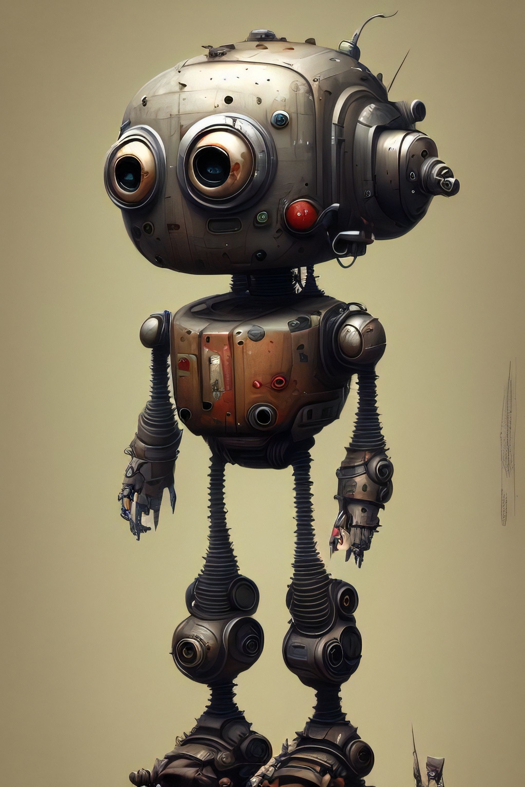 Prompt: mknrm robot made from car parts, highest quality, ultra sharp, in the style of Machinarium, smooth, sharp focus, highly detailed, trending on artforum, artstation hq, behance hd, on display in Musee D'Orsay, on display in The Metropolitan Museum of Art, on display in MoMA