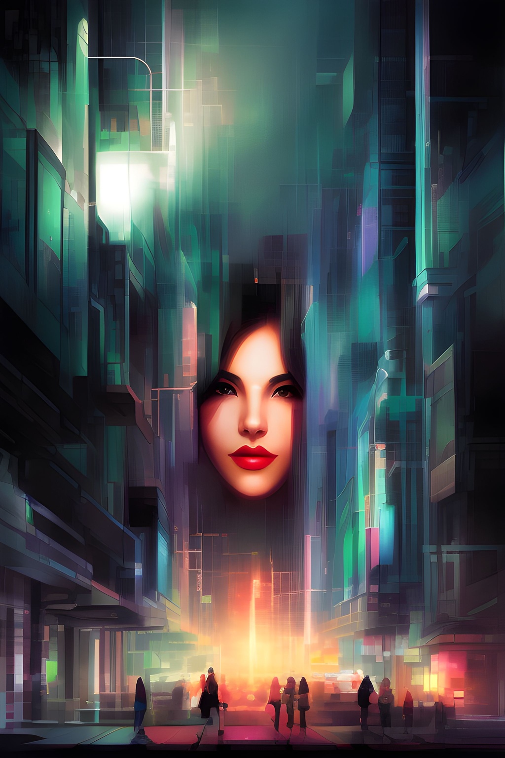 Prompt: Cyberpunk city, abstract art muted colors, shadows, cartoon style, attractive women