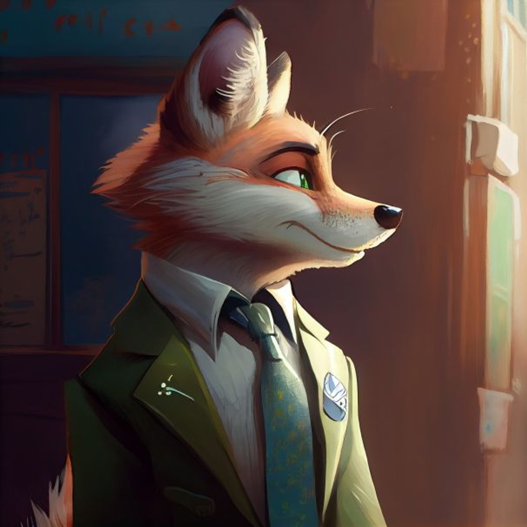Prompt: cartoon anthropomorphic fox + zootopia, bright green eyes, white shirt, blue tie, brown long jacket, quizzical expression, painted by pixar, side view, background police office