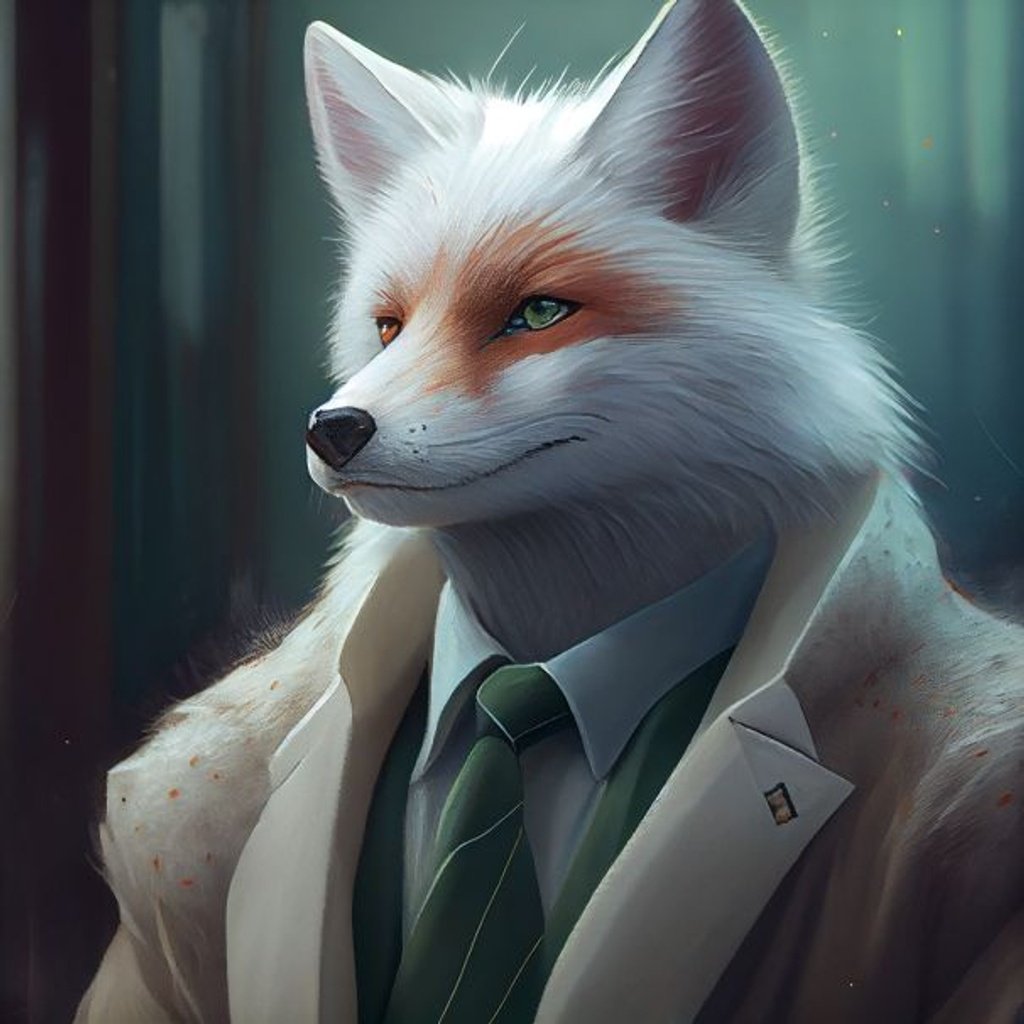 Prompt: an albino fox with green eyes and pure white snow, with a blue tie, long brown jacket, smug expression, painted ny pixar, inside a buisness office