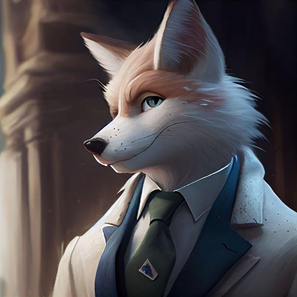 Prompt: an albino fox with green eyes and pure white snow, with a blue tie, long brown jacket, smug expression, painted ny pixar,